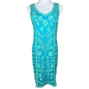 T&W Designs Women Turquoise Teal Soutache Embroidered‎ Mesh Sheath Dress Size L